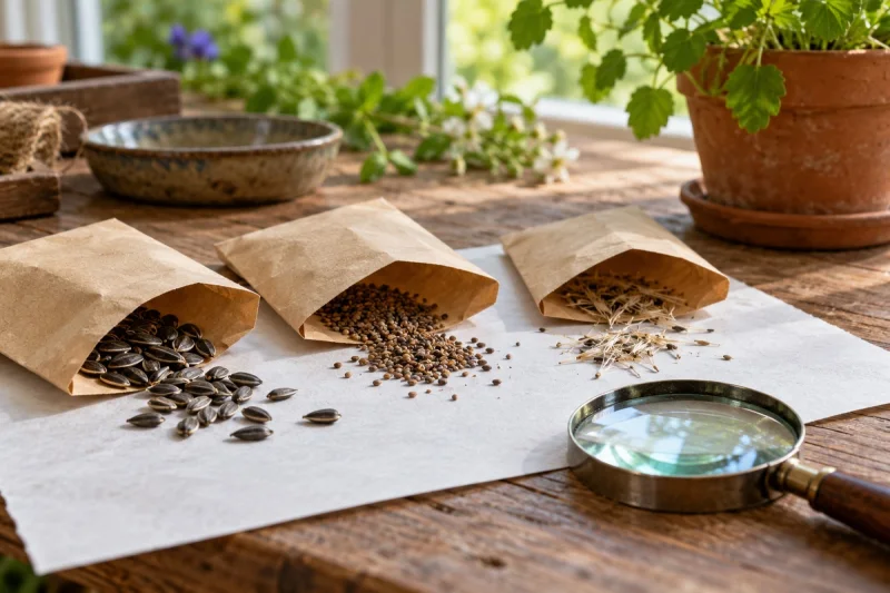 Sobres de papel abiertos con distintos grupos de semillas sobre una mesa de jardinería junto a una lupa