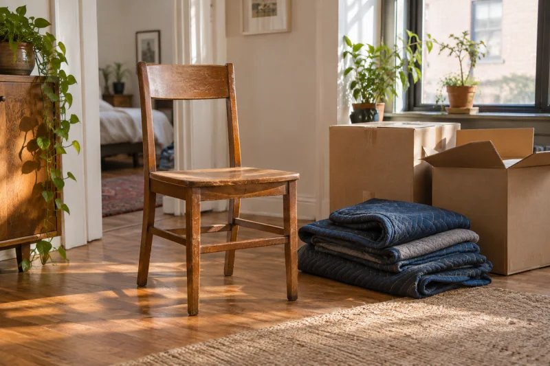Silla de madera usada junto a cajas de cartón y mantas de mudanza en una vivienda