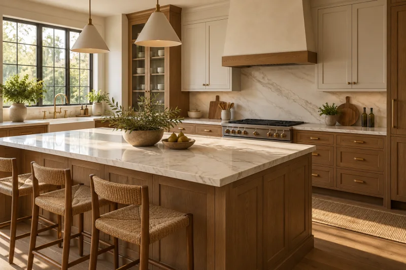 Cocina residencial con armarios de madera, frentes clásicos y encimera clara.
